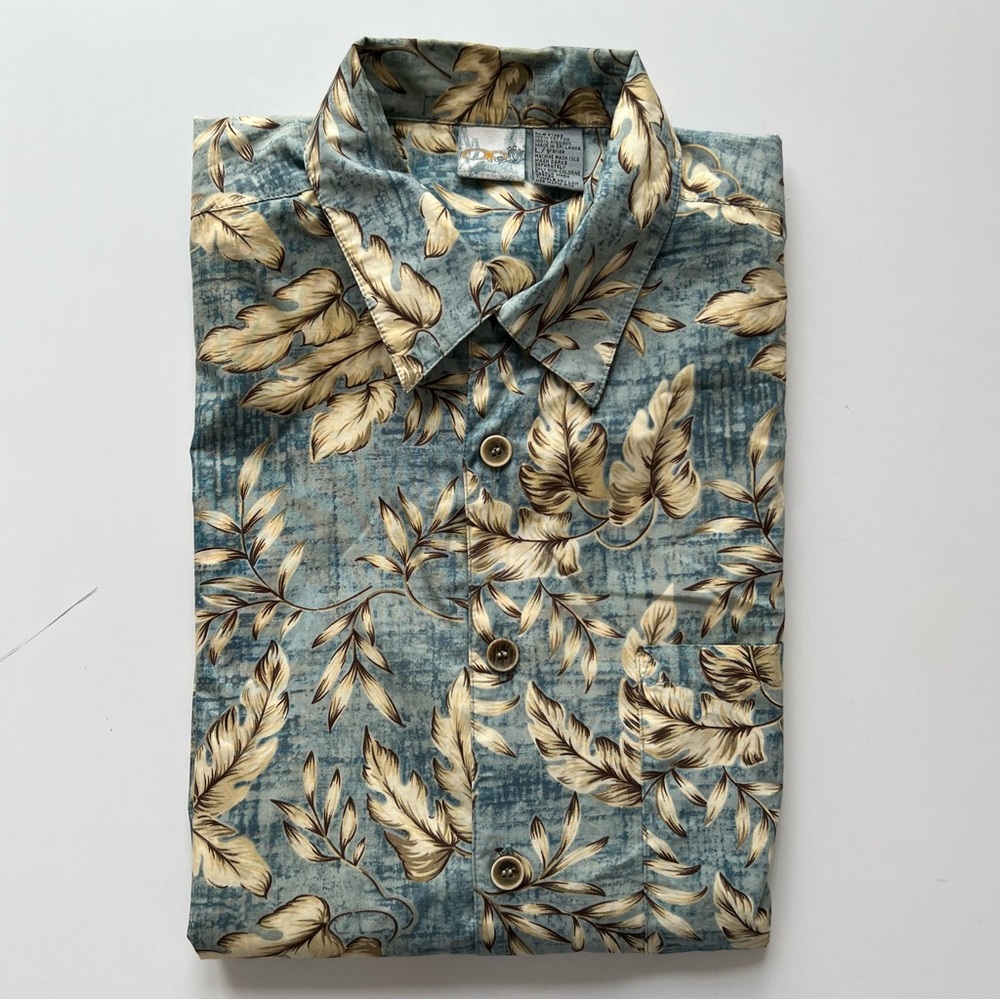 OP Men's Short Sleeve Hawaiian Shirt, Retro Leaf Print, Blue, Large